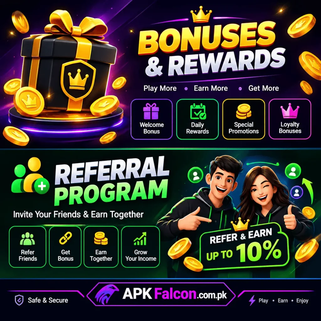666C Game bonuses and referral program featuring welcome rewards, daily bonuses, and friend referral offers on APK Falcon.com.pk.
